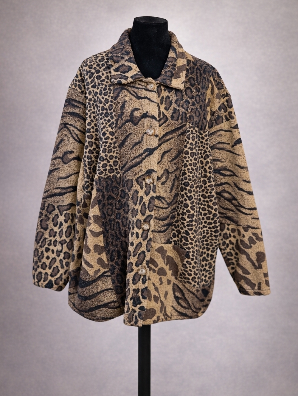 St. John's Bay Mixed Animal-Print Teddy Jacket in Tan & Black
